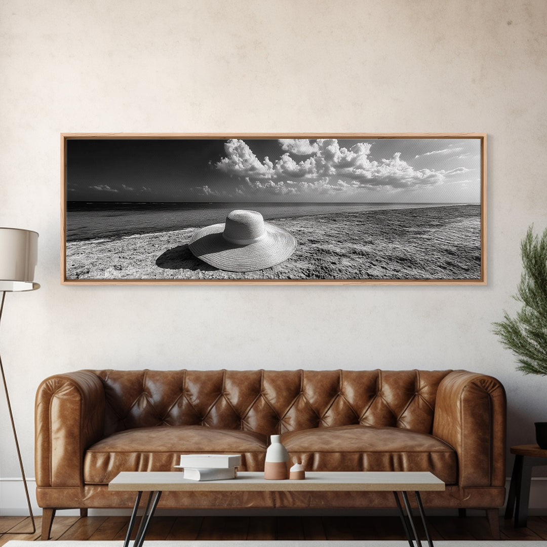 Beach Hat Scene, Coastal Escape, Sunny Seaside Moment, Framed Canvas Print, Modern Boho Bedroom Art, Summer Inspired Wall Decor