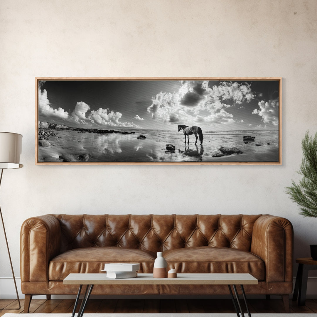 Beach Horse Reflection, Coastal Freedom, Wild Spirit Scene, Framed Canvas Print, Western Bathroom Art, Minimalist Beach House Decor