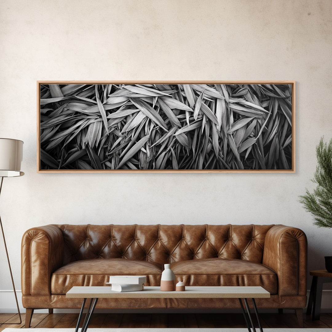 Textured Leaves, Monochrome Nature, Abstract Pattern, Botanical Wall Art, Framed Canvas Print, Modern Bedroom Art, Minimalist Decor