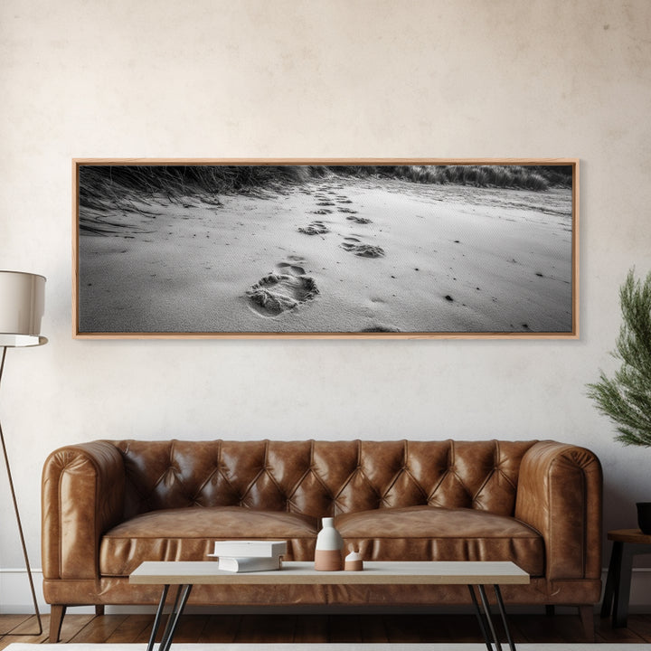 Beach Footprints, Sandy Path, Seaside Steps, Reflective Moment, Canvas Print, Minimalist Bathroom Wall Art, Tranquil Coastal Decor