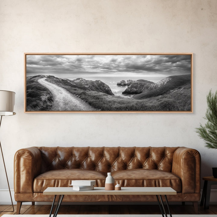 Cliff Path, Sea Escape, Moody Sky, Adventure Trail, Canvas Print, Modern Entryway Wall Art, Travel Photography, Nature Scene