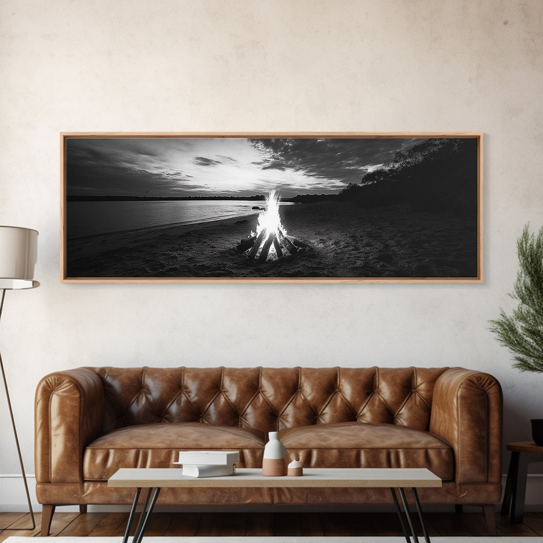 Beach Bonfire, Sunset Glow, Autumn Shoreline, Firelight Sky, Canvas Print, Fall beach decor, cozy wall art, rustic art, lake house style