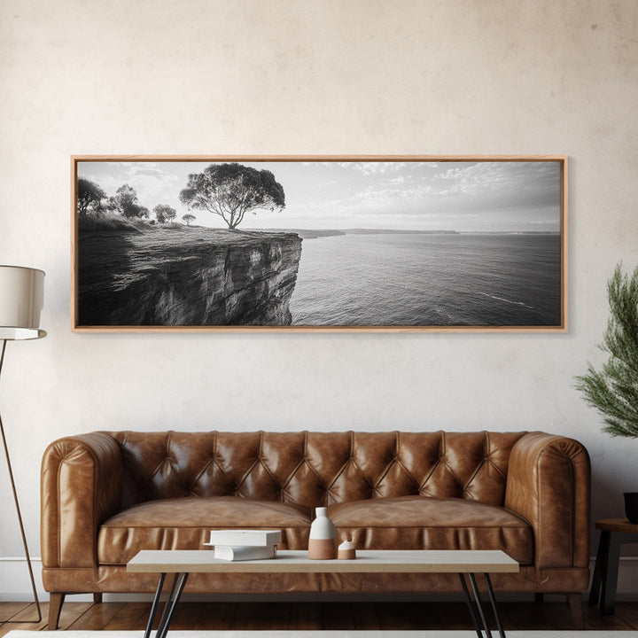 Coastal Cliff Tree, Ocean Horizon, Nature Photography, Framed Canvas Print, Minimalist Wall Art, Living Room Decor, Modern Landscape