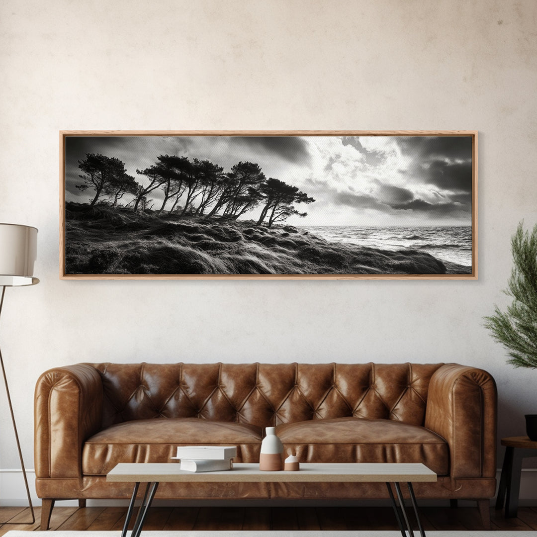 Windswept Pines, Stormy Sea, Moody Coastal Scene, Framed Canvas Print, Rustic Nature Decor, Bedroom Wall Art, Autumn Vibes