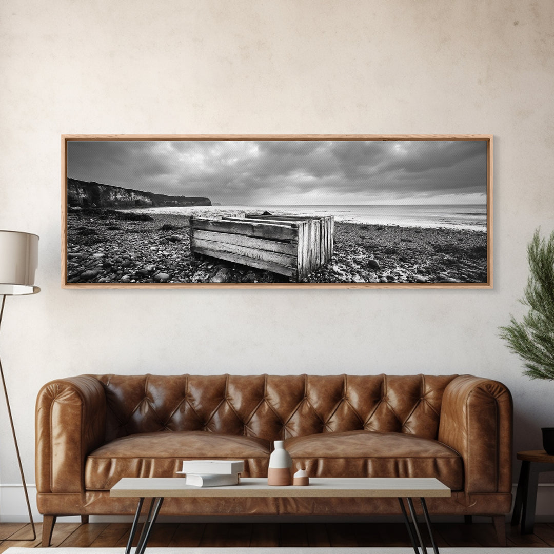 Rocky Beach, Driftwood Crate, Stormy Sky Seascape, Framed Canvas Print, Coastal Rustic Decor, Bathroom Wall Art, Monochrome Style