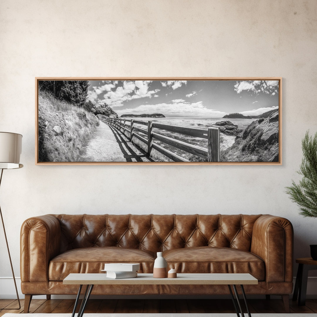 Coastal Fence Path, Island View, Ocean Trail, Framed Canvas Print, Bright Scenic Art, Living Room Decor, Seaside Landscape Vibe