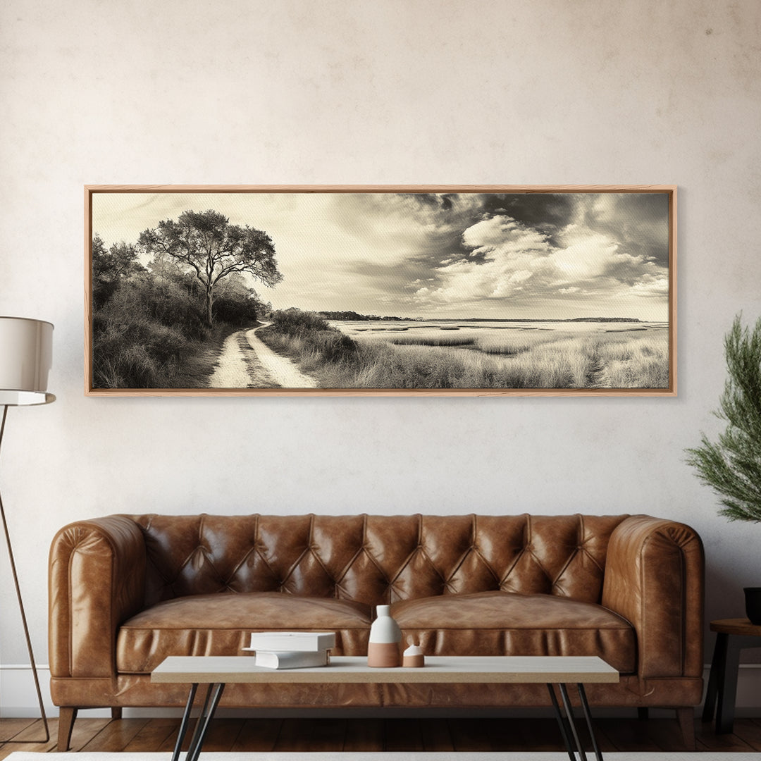 Country Road, Marshland Meadow, Lone Tree Landscape, Framed Canvas Print, Rustic Fall Wall Art, Entryway Decor, Neutral Nature Style