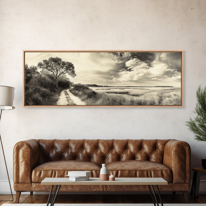 Country Road, Marshland Meadow, Lone Tree Landscape, Framed Canvas Print, Rustic Fall Wall Art, Entryway Decor, Neutral Nature Style