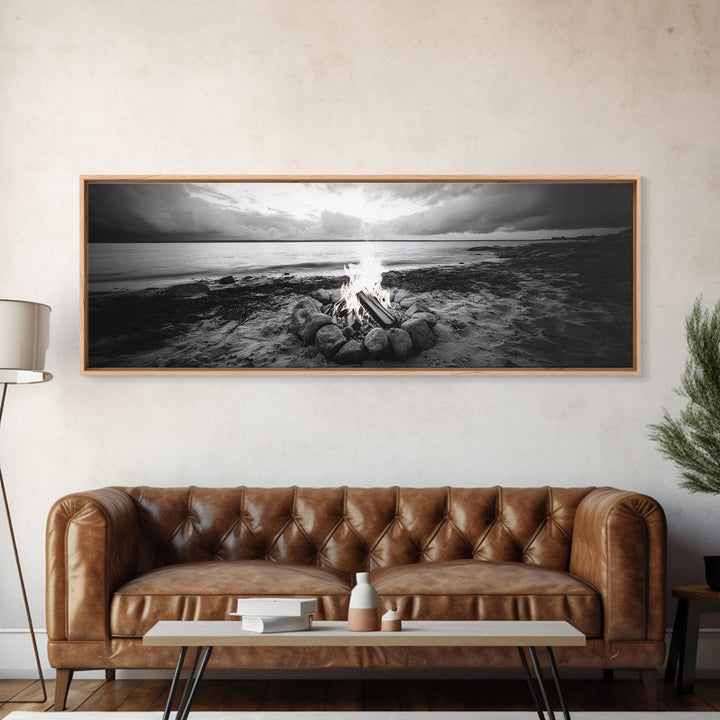 Campfire Circle, Shoreline Fire, Beach Rocks, Autumn Mood, Canvas Print, rustic Fall art, outdoor living decor, lakeside art, coastal art