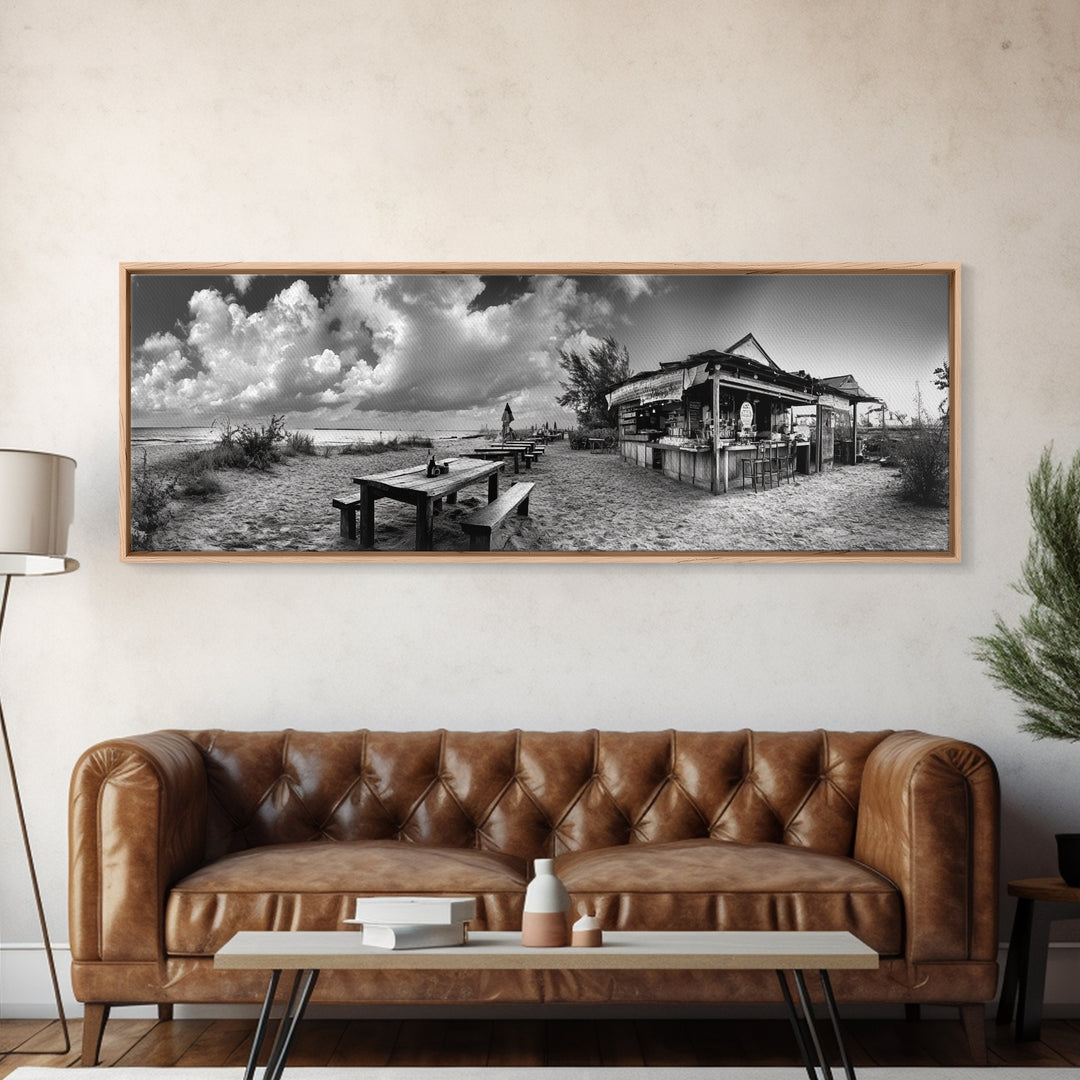 Beachside Bar Scene, Rustic Cafe, Ocean Picnic, Cloudy Sky, Framed Canvas Print, Coastal Kitchen Wall Art, Boho Bar Decor