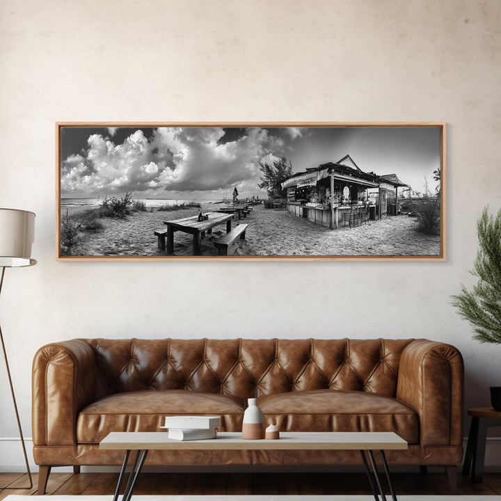 Beachside Bar Scene, Rustic Cafe, Ocean Picnic, Cloudy Sky, Framed Canvas Print, Coastal Kitchen Wall Art, Boho Bar Decor