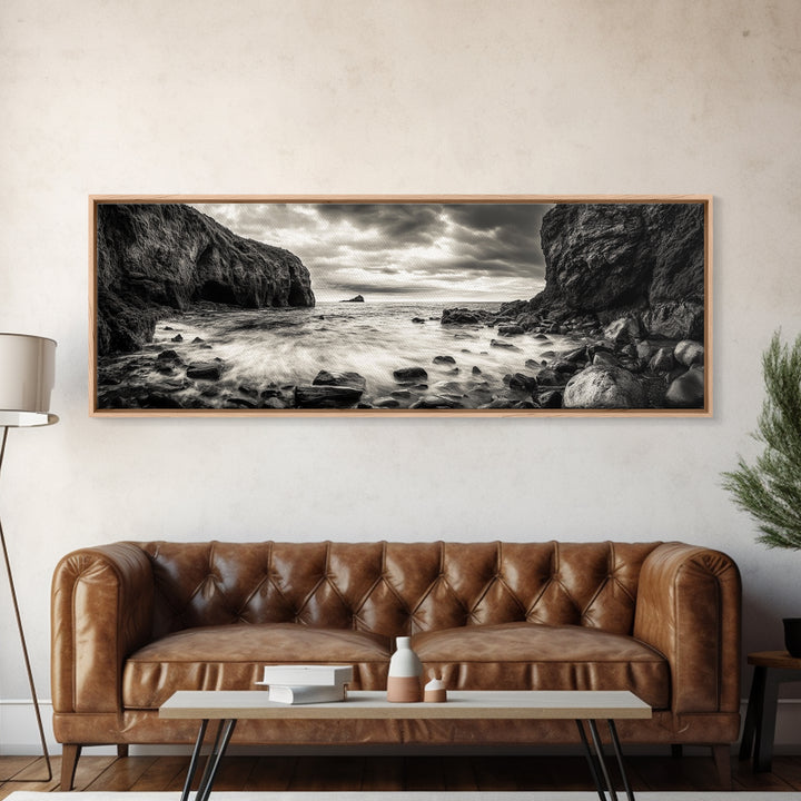 Rocky Shore Escape, Ocean Cliffside, Wild Coast, Moody Sky, Framed Canvas Print, Modern Bathroom Art, Nature Lover Decor
