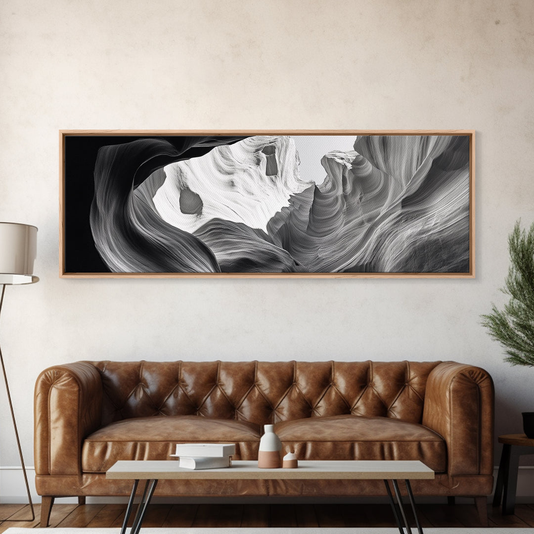 Desert Canyon Swirl, Abstract Rock Layers, Light and Shadow, Framed Canvas Print, Minimalist Living Room Art, Earth Tone Decor