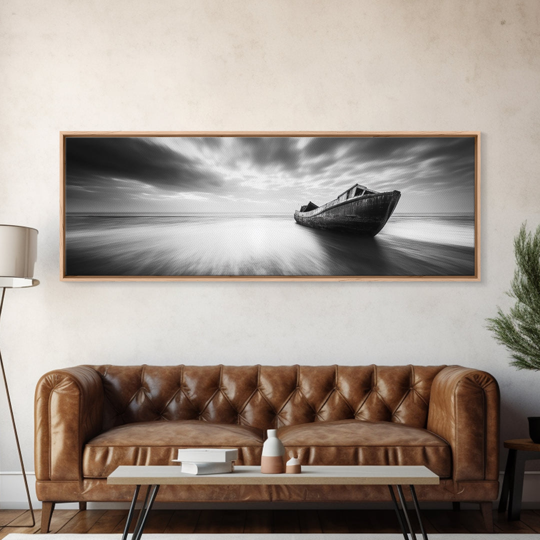 Abandoned Shipwreck, Ocean Ghost Boat, Moody Horizon, Dramatic Sky, Framed Canvas Print, Dark Nautical Art, Hallway Statement Piece