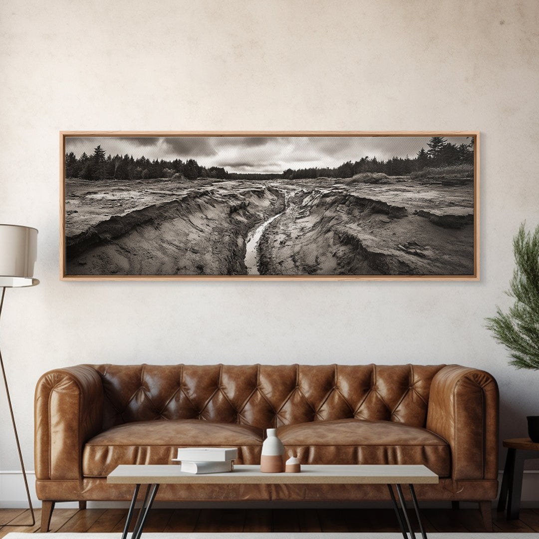 Rugged Riverbed Path, Forest Edge, Moody Terrain, Earthy Scene, Framed Canvas Print, Rustic Cabin Art, Autumn Entryway Decor