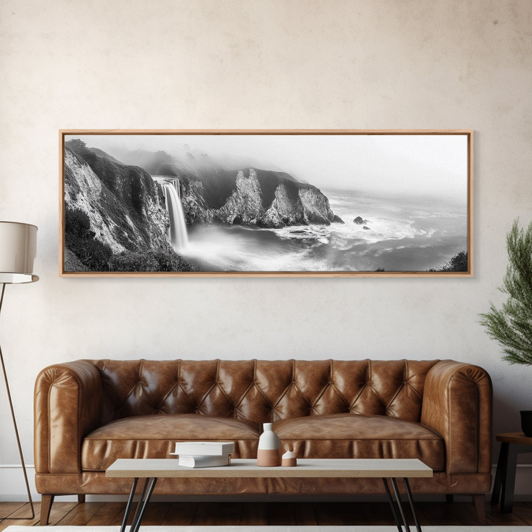 Cliffside Waterfall Coast, Misty Ocean Falls, Dramatic Drop, Nature Power, Framed Canvas Print, Scenic Landscape Wall Art, Spa Bathroom Decor