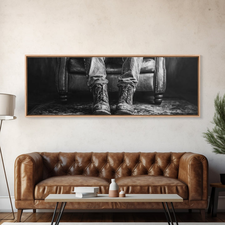 Cowboy Boots Closeup, Rustic Chair, Leather Details, Western Life, Framed Canvas Print, Masculine Office Wall Art, Farmhouse Style