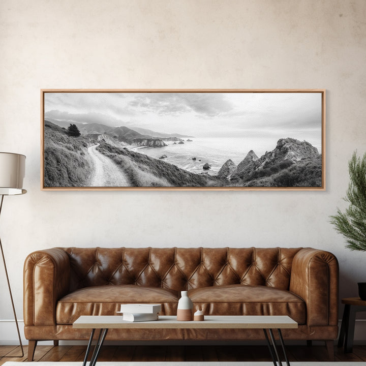 Coastal Trail View, Mountain Seascape, Minimalist Beach Path, Framed Canvas Print, Serene Landscape, Living Room Wall Art, Nature Decor