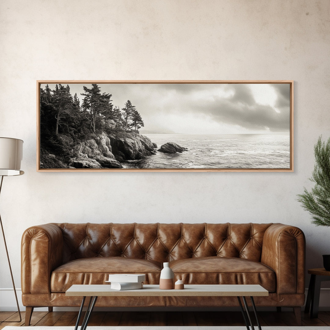 Windy Pines, Rocky Shoreline, Ocean Wilderness, Canvas Print, Vintage Nature Photography, Hallway Wall Art, Outdoor Adventure Vibe