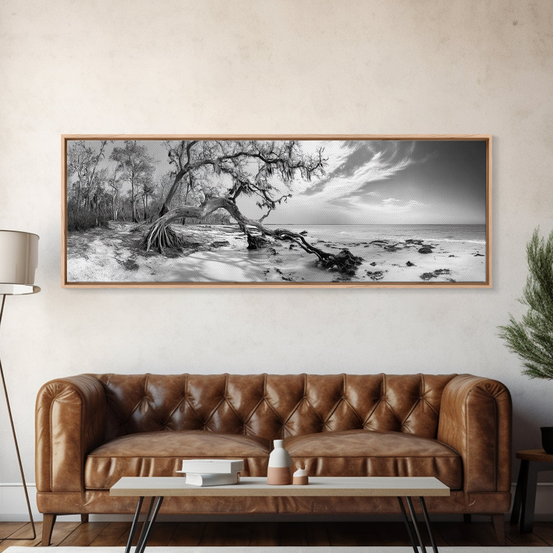 Bending Tree Beach, Windswept Coastal Scene, Dune Forest, Canvas Print, Monochrome Minimalist Art, Boho Bedroom Decor, Ocean Tones