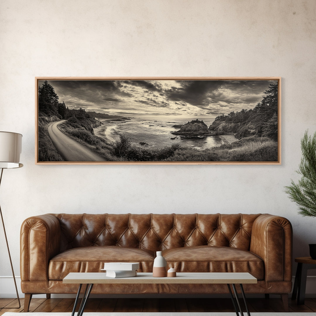 Coastal Road, Ocean Sunset, Rocky Shoreline, Framed Canvas Print, Moody Landscape Photography, Living Room Wall Art, Rustic Nature Decor