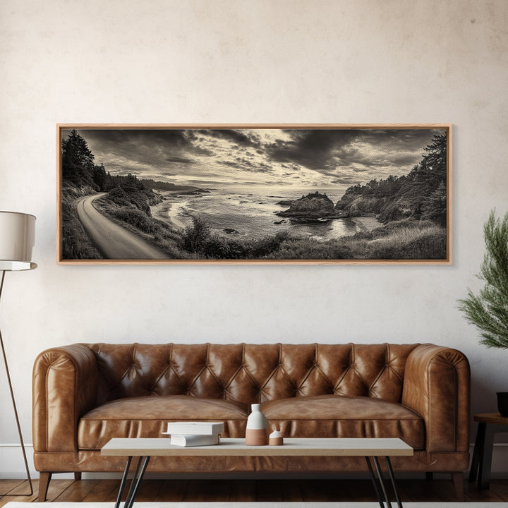 Coastal Road, Ocean Sunset, Rocky Shoreline, Framed Canvas Print, Moody Landscape Photography, Living Room Wall Art, Rustic Nature Decor