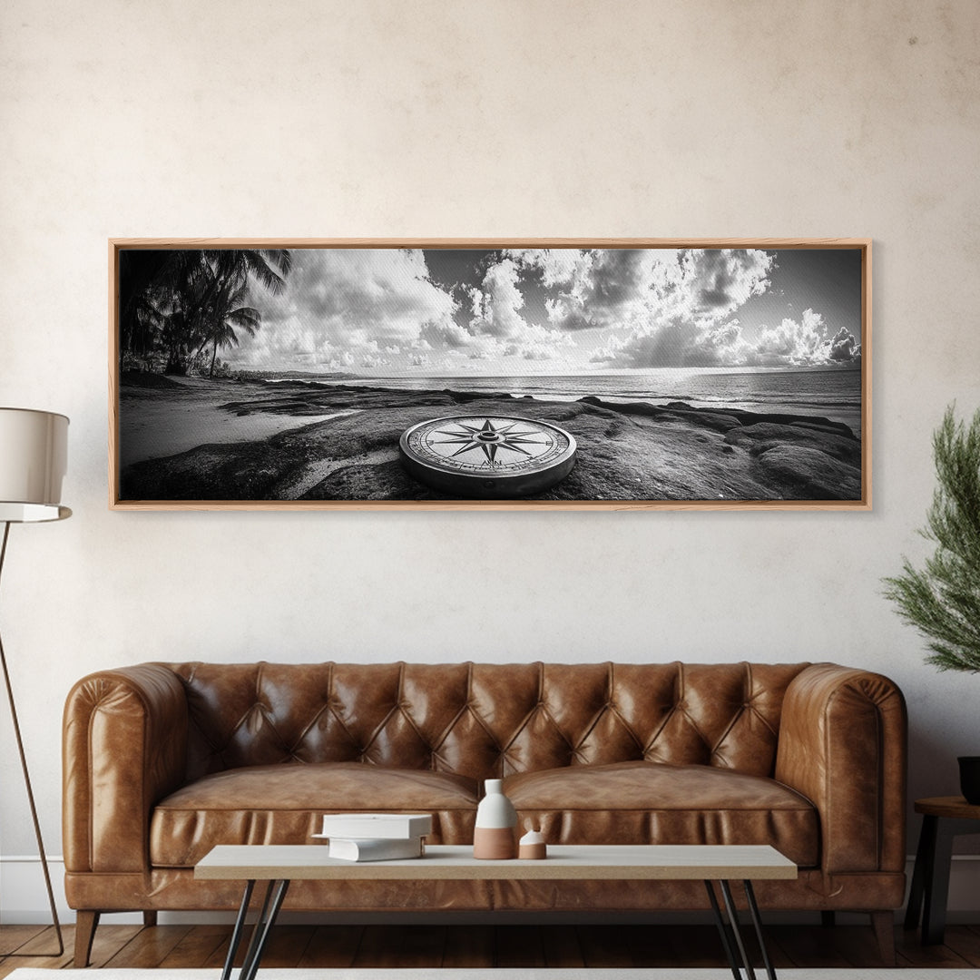 Compass Rose, Ocean Horizon, Palm Trees, Canvas Print, Nautical Beach Art, Boho Living Room Wall Art, Black and White Coastal Decor