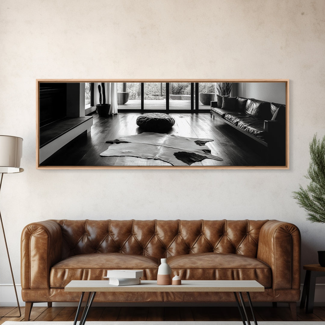 Modern Living, Minimalist Decor, Cowhide Rug, Framed Canvas Print, Neutral Aesthetic Wall Art, Luxury Living Room Design Accent