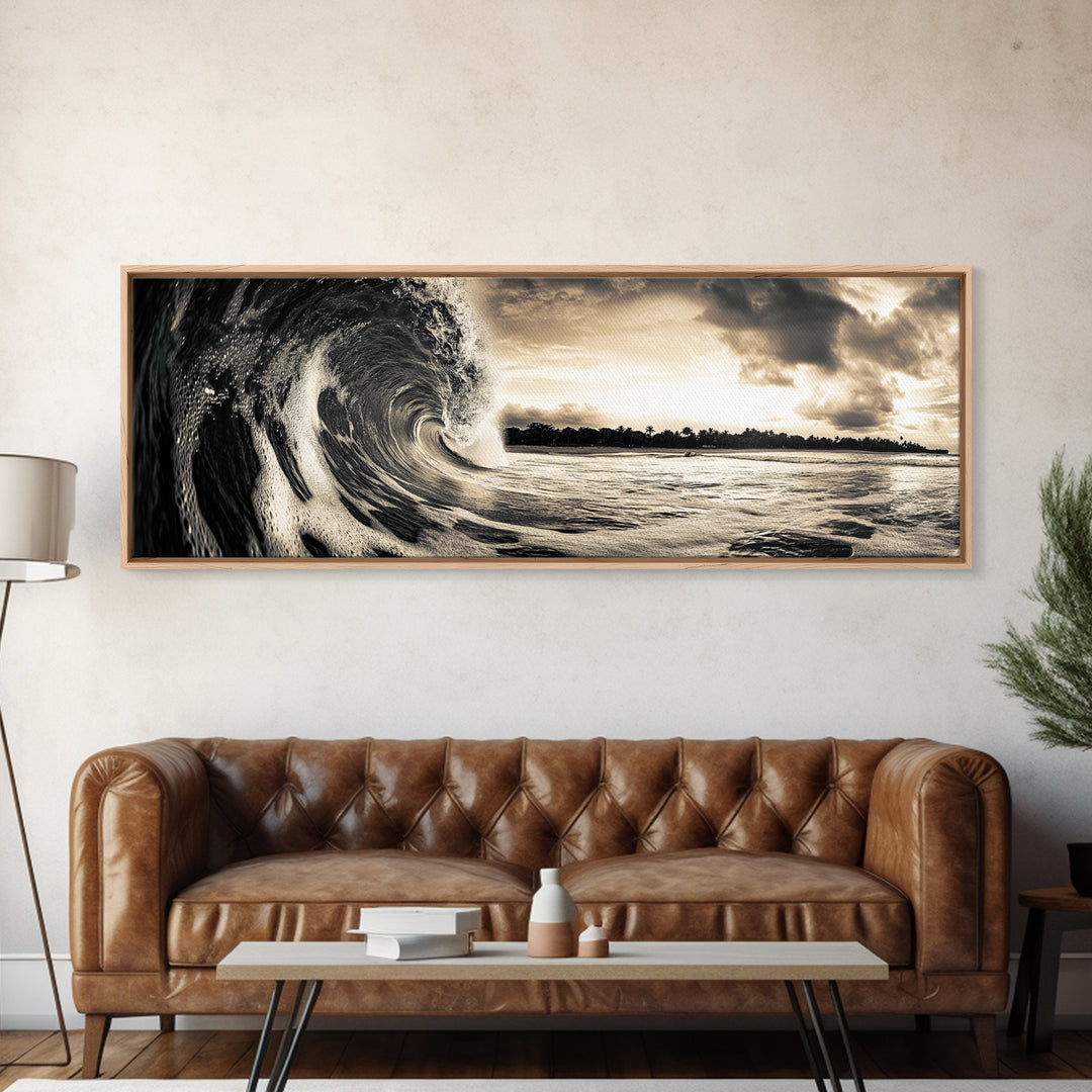 Barrel Wave, Tropical Storm, Surfer’s Dream, Framed Canvas Print, Ocean Power Wall Art, Coastal Living Room Photography Decor