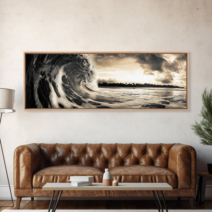 Barrel Wave, Tropical Storm, Surfer’s Dream, Framed Canvas Print, Ocean Power Wall Art, Coastal Living Room Photography Decor