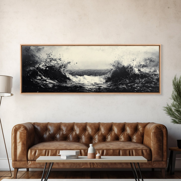 Crashing Waves, Stormy Ocean, Monochrome Surf, Canvas Print, Abstract Seascape Art, Moody Bathroom Decor, Black and White Art Style