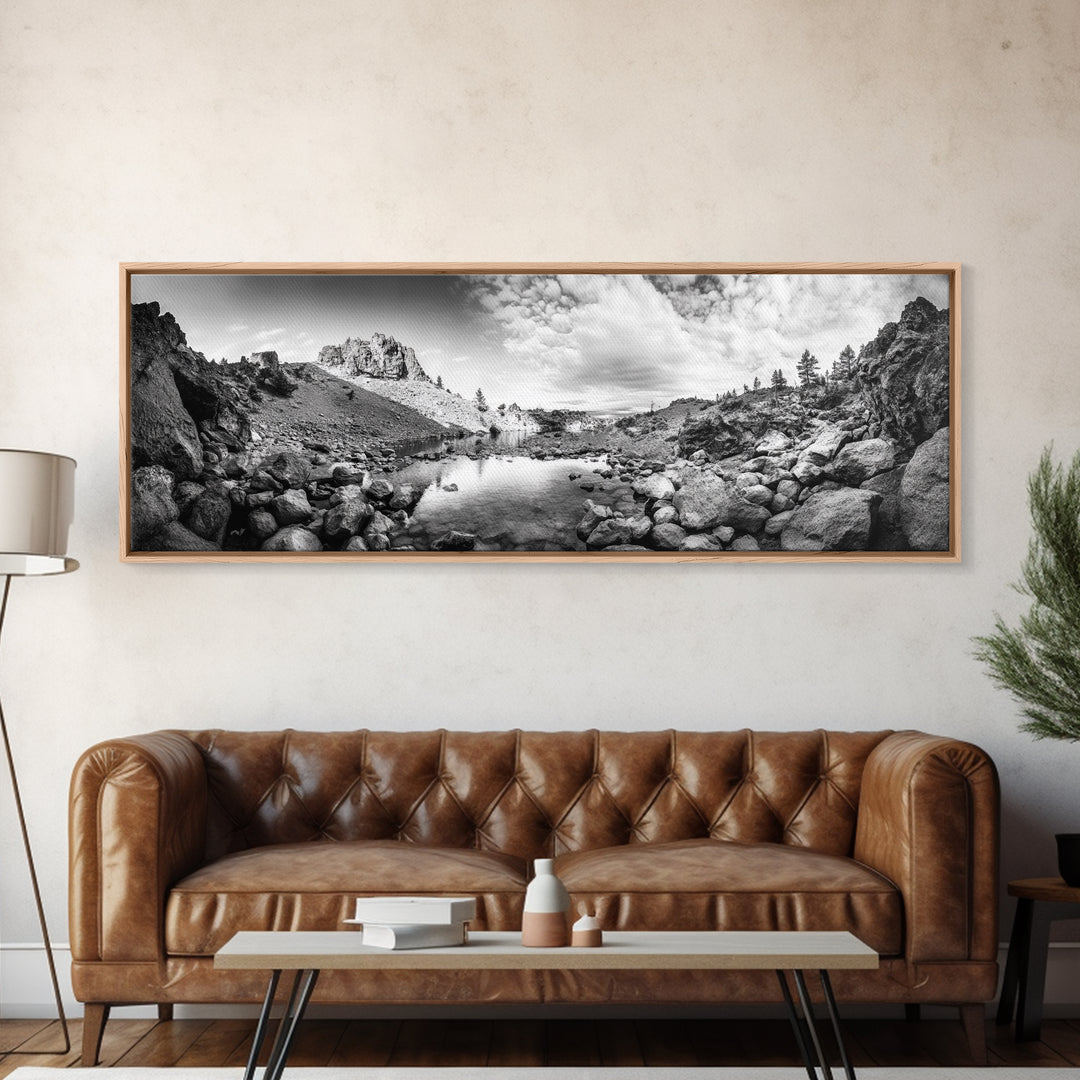 Rocky Lake, Wilderness Reflection, Mountain Calm, Framed Canvas Print, Cabin Nature Wall Art, Rustic Home Decor, Adventure Photography