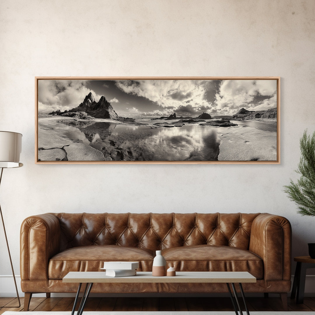 Coastal Rocks, Ocean Reflection, Dramatic Sky, Framed Canvas Print, Beach Landscape Photography, Fall Living Room Wall Art