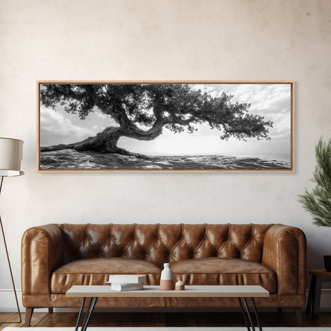 Bending Tree, Windswept Landscape, Coastal Nature, Monochrome Art, Framed Canvas Print, Zen Wall Art, Minimalist Living Room Decor