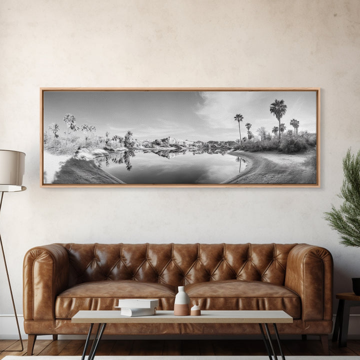 Oasis Reflections, Palm Trees, Desert Scene, Infrared Art Print, Framed Canvas Print, Tropical Wall Art, Boho Bedroom Decor, Tranquil Style