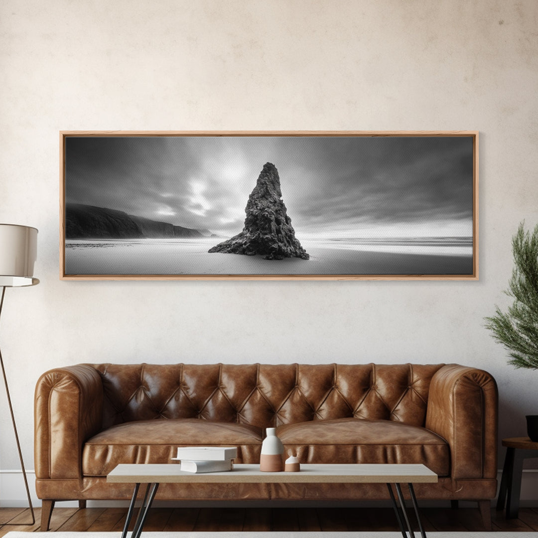 Coastal Monolith, Oregon Seascape, Moody Sky, Dramatic Beach, Framed Canvas Print, Coastal Wall Art, Modern Minimalist Decor