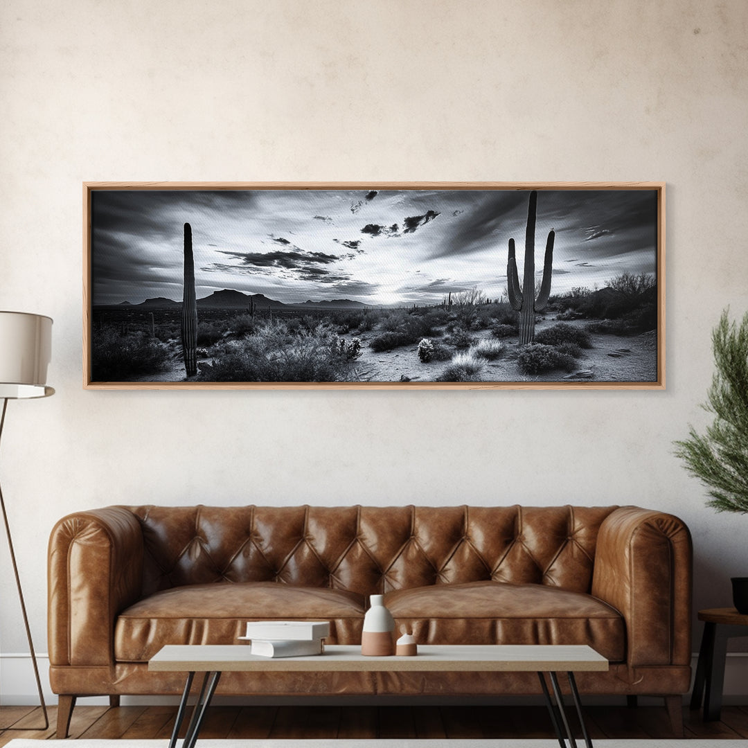 Desert Sunset, Cactus Silhouettes, Southwestern Landscape, Moody Sky Scene, Framed Canvas Print, Western Wall Art, Rustic Office Decor