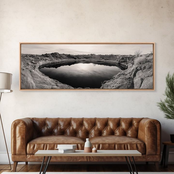 Desert Pool, Reflected Sky, Rugged Terrain, Monochrome Minimalism, Framed Canvas Print, Earthy Wall Art, Neutral Bedroom Decor