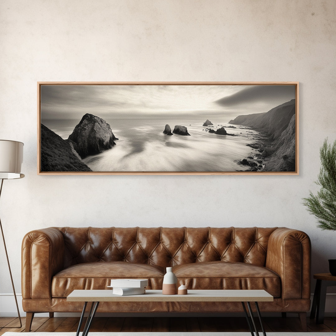 Rocky Coastline, Ocean Cliffs, Soft Waves, Long Exposure Landscape, Framed Canvas Print, Nautical Wall Art, Calm Living Room Decor
