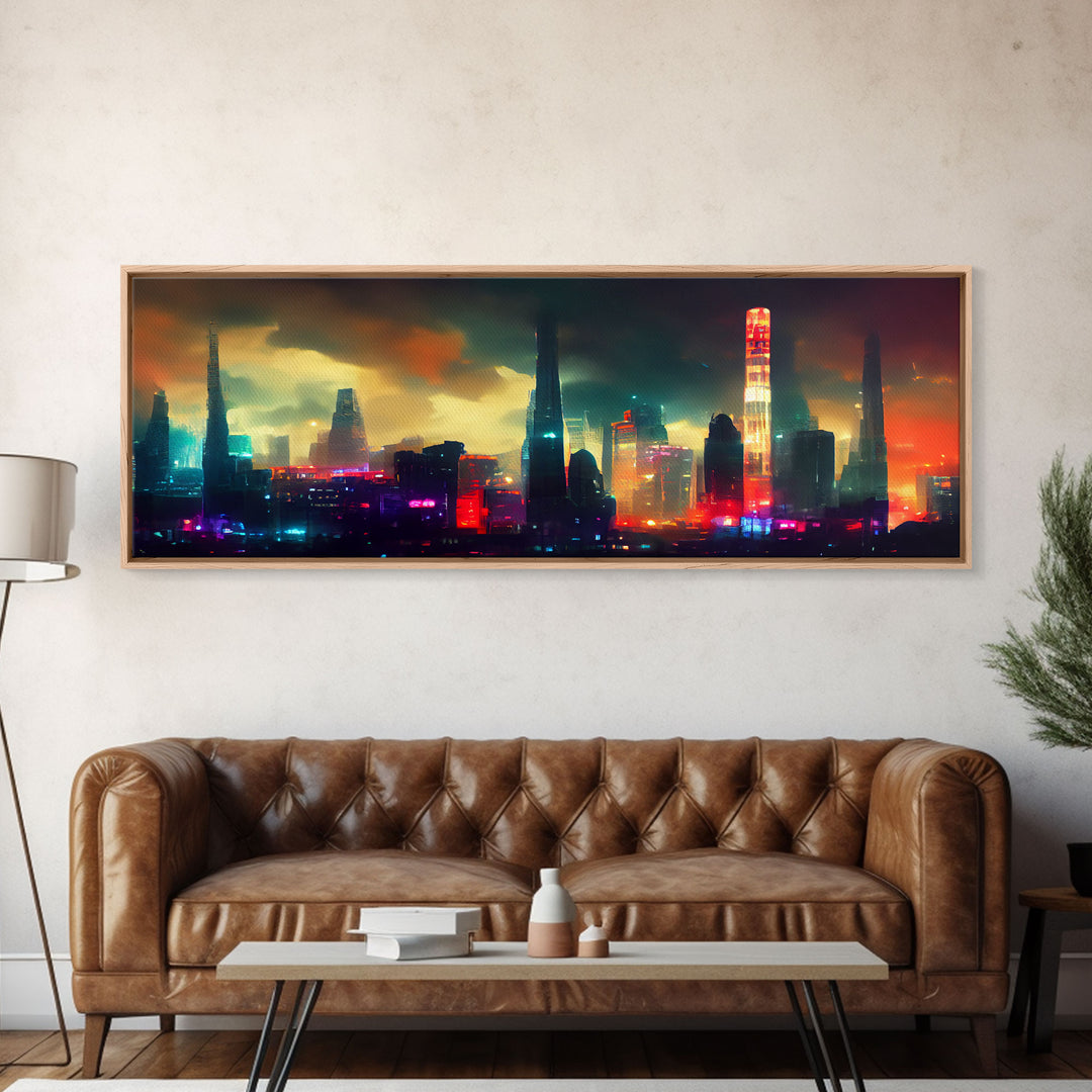 Cyber Punk Cityscape, Watercolor, Extra Large Wall Art, Framed Panoramic Canvas Print, Framed Wall Decor