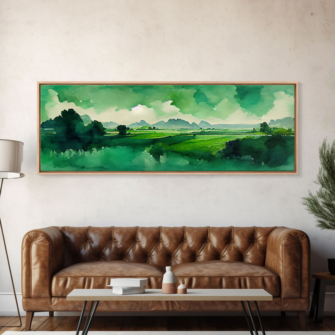 Watercolor Forest Landscape, Emerald Green, Extra Large Wall Art, Framed Panoramic Canvas Print, Framed Wall Decor