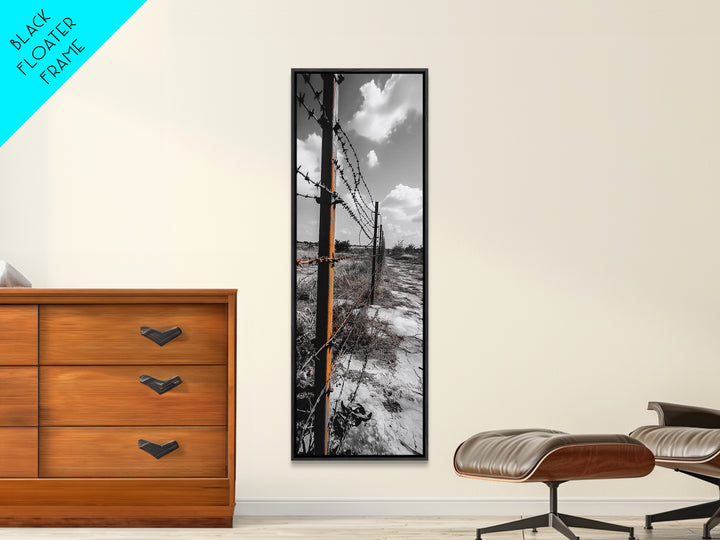 Rust Fence, Barbed Wire, Dramatic Sky, Framed Canvas Print, Abandoned Rural Art, Modern Industrial Decor, Grayscale Country Wall Art