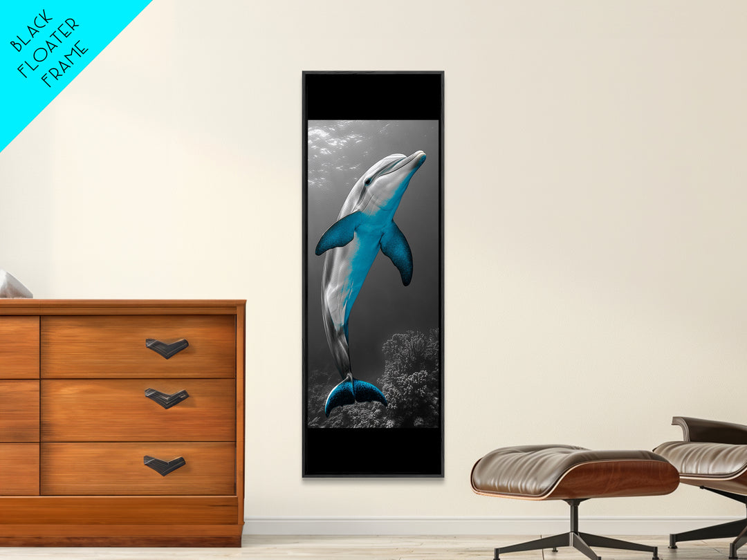 Blue Dolphin, Ocean Glow, Underwater Life, Sea Creature – Framed Canvas Print, Bathroom Wall Art, Coastal Decor, Marine Animal Art