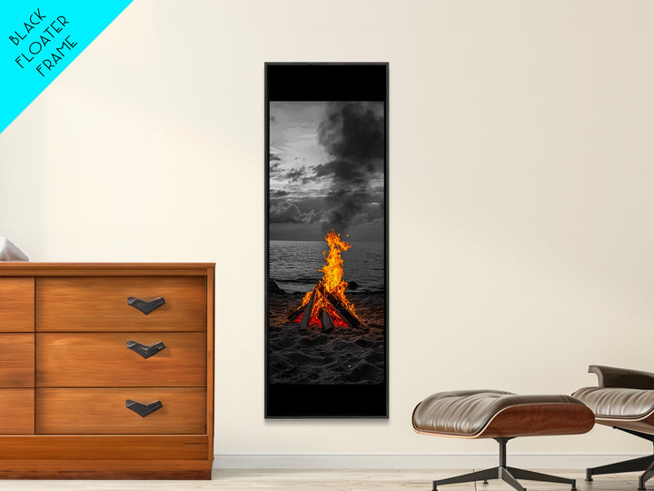 Beach Bonfire, Glowing Flame, Night Ocean, Framed Canvas Print, Autumn Coastal Wall Art, Rustic Cabin Decor, Moody Beach Photography