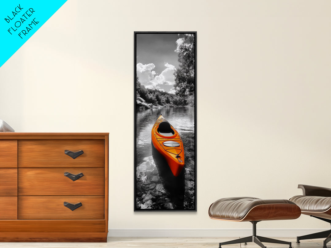 River Kayak Drift, Serene Paddle, Tranquil Outdoors, Fall Waterway, Canvas Print, Rustic Wall Art, Adventure Decor, Nature Photography