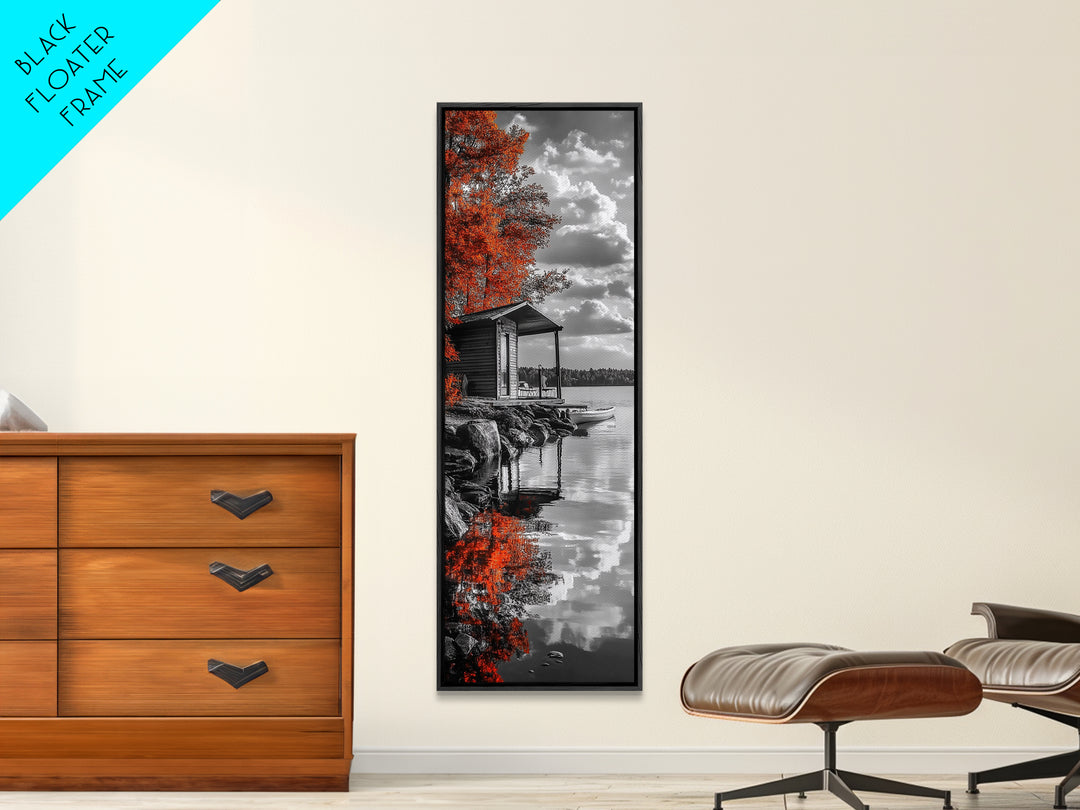 Autumn Cabin Lake, Red Tree Reflections, Tranquil Retreat, Rustic Getaway, Framed Canvas Print, Fall Decor, Nature Wall Art, Lodge Style