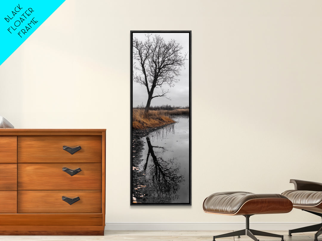 Bare Tree, Marsh Reflection, Autumn Tones, Moody Nature Framed Canvas Print, fall farmhouse wall art, rustic entryway decor, office wall art