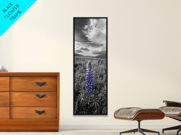 Blue Lupine, Wildflower Meadow, Cloudy Sky, Spring Bloom Framed Canvas Print, floral nature art, botanical hallway wall decor