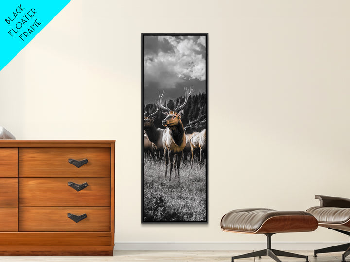 Majestic Elk, Forest Wildlife, Autumn Scene, Nature Herd, Framed Canvas Print, rustic lodge decor, cabin wall art, woodland style