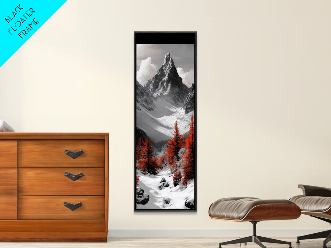 Red Trees, Snowy Mountain, Dramatic Landscape, Framed Canvas Print, Winter Wonderland Art, Office Wall Decor, Moody Nature Scene Print